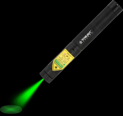 Groene laserpen G1 Pro met laserstraal en lichtvlek in het donker