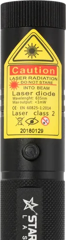 Rode laserpen R1 Pro – close-up van het waarschuwingslabel met de laserklasse