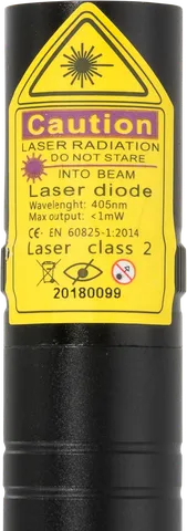 Violette laserpen V2 Pro – close-up van het waarschuwingslabel met de laserklasse
